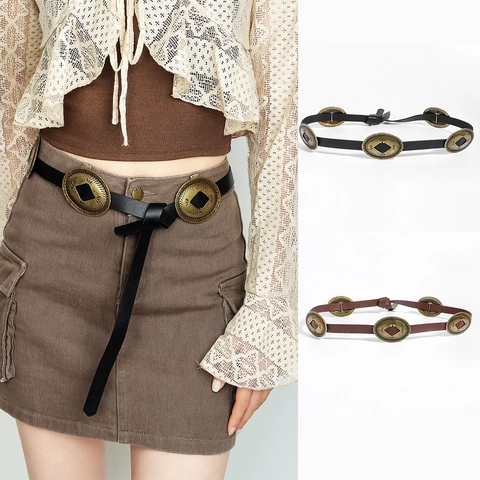 Vintage Wasteland-Stil Kunstleder Gürtel Für Damen Western Concho Dekorativer Ovaler Metallplatten Gürtel Gravierter Punk Grunge Streetwear Gürtel