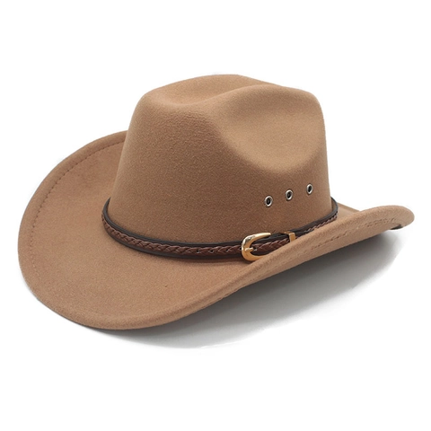 Western Cowboy Hat Cotton Polyester Felt Wide Curved Brim Vintage Fedora With Woven Belt Metal Buckle Breathable For Unisex
