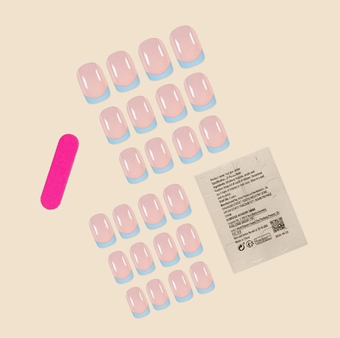 French Blue Tip Press On Nails Nude Pink Square Shape Full Cover Artificial Fake Nails Removable For Women