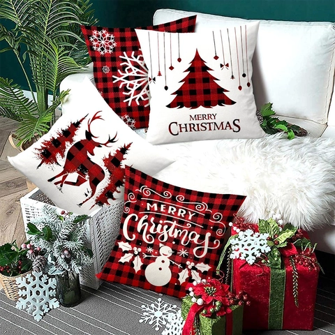 Weihnachts Kissenbezüge Büffelkaro Rentier Schneemann Baum Polyester Dekorative Kissenhüllen Heim Party Festlich