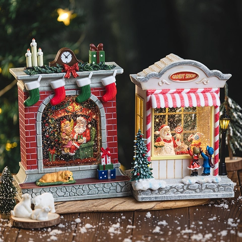Christmas Snow Globe Music Box Luminous LED Musical Ornament Rotating Snowfall Fireplace Candy Shop Decor Resin Plastic Holiday Gift