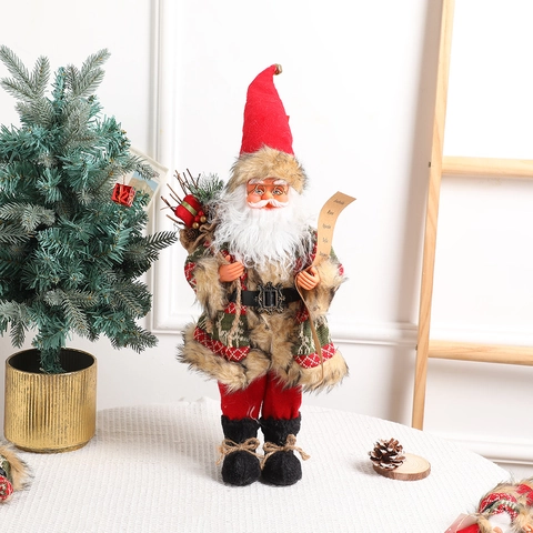Santa Claus Figurine Christmas Ornament Knit Fabric Faux Fur Xmas Tree Standing Skiing Decor Nordic Style Holiday Props