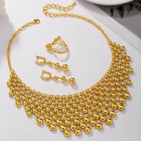 Exaggerated Exotic Copper Bead Necklace Earring Ring Jewelry Set For Women Gold Plated Multi Layer Statement Jewelry Set
