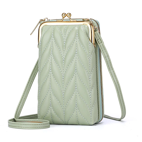 Borsa A Tracolla Per Cellulare Donna Pelle PU Motivo Foglia Trapuntata Chiusura A Bacio Cerniera Piccola Borsa A Spalla