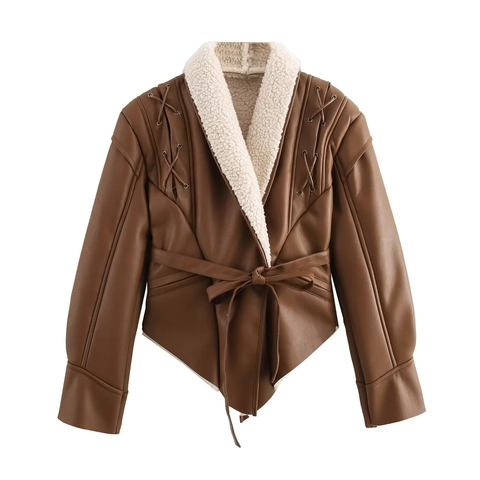Chaqueta De Cuero Sintético Para Mujer Con Cuello De Lana De Cordero Cintura Con Cordones Corto Invierno Moda Irregular Bronce