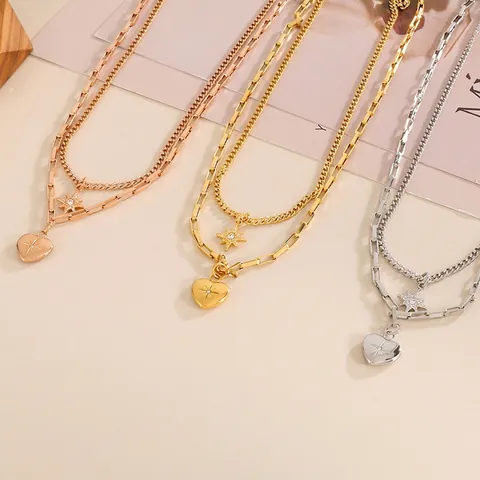 Collar De Doble Capa De Acero Inoxidable Con Colgante De Estrella Y Corazón Diamantes De Imitación Joyería Para Mujer