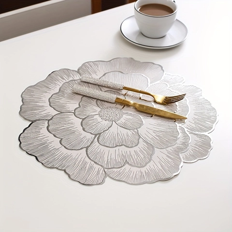 Luxury PVC Placemats 3D Floral Peony Pattern Bronzing Heat Resistant Hollow Out Leaf Shaped Table Mats For Dining Room