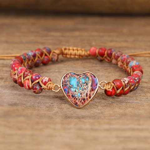 Bohemian Hand-woven Natural Imperial Stone Wrap Bracelet For Women Heart Shaped Alloy Wrapped Bead Bracelet Jewelry Gift