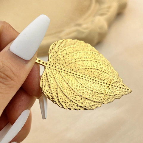 Vintage Leaf Open Ring Stainless Steel Gold Plated Textured Adjustable Natural Style Jewelry For Women