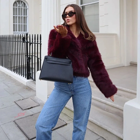 Dames Faux Fur Jas Elegant Wijnrood Revers Pluizige Korte Mantel Warm Lange Mouwen Polyester Mode