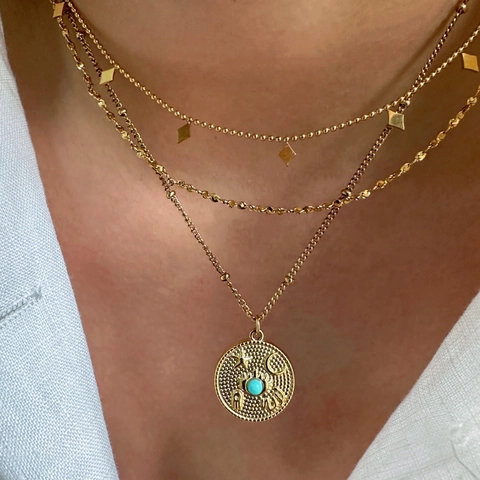Edelstahl Mehrlagige Halskette Für Damen Vergoldet Stern Mond Amazonit Anhänger V-Form Strass Vintage Schmuck