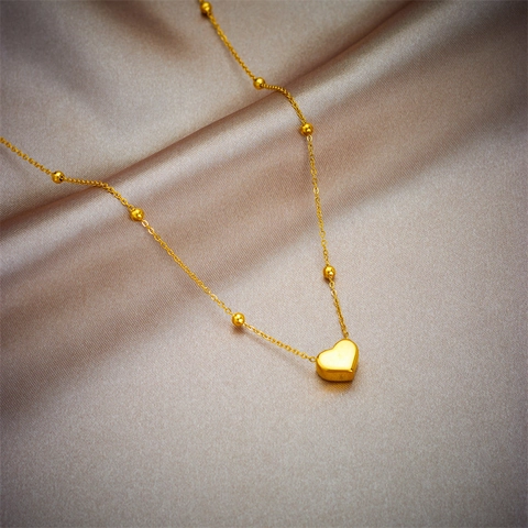 Gold Heart Pendant Stainless Steel Necklace And Bracelet Set Minimalist Beaded Fashion Jewelry For Women