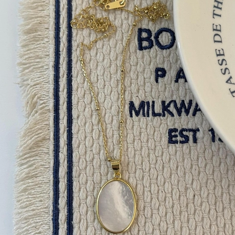 Collar Con Colgante De Nácar Ovalado Plata De Ley 925 Bañado En Oro Cadena De Cuentas Joyería Mujer