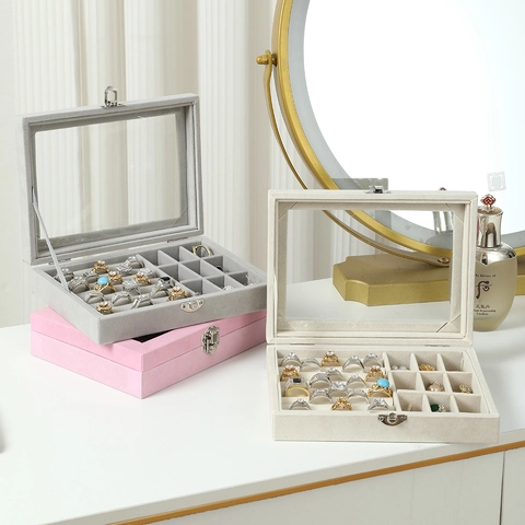 Schmuckkästchen Organizer Samt Box Mit Durchsichtigem Glasfenster Mehrfache Fächer Für Ringe Ohrringe Halsketten