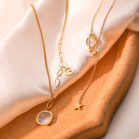 Collar Con Colgante De Acero Inoxidable Chapado En Oro Estrella Luna Planeta Letra G Incrustación Nácar Joyería Mujer