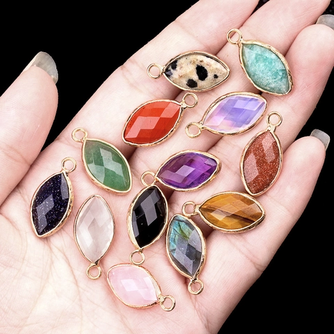 Marquise Gemstone Pendants Natural Amethyst Tiger Eye Stone Faceted With Gold Plated Metal Edging DIY Jewelry Accessories
