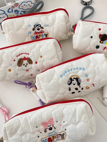 Cartoon Dog Embroidery Quilted Pencil Case Large Capacity Portable Student Stationery Bag Cosmetic Makeup Storage Pouch