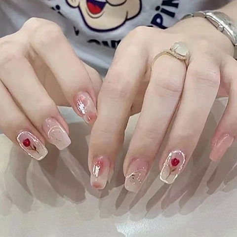 French Style Press On Nails Rose Floral Pattern Gradient Pink Silver Wire Artificial Nails For Women