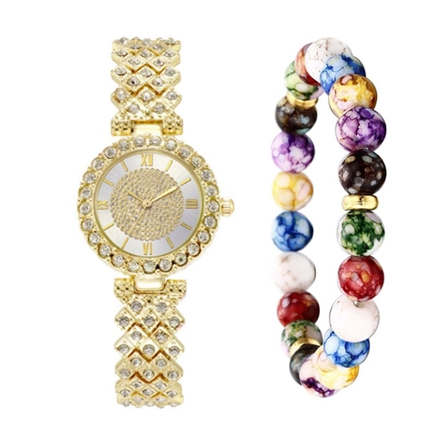 Elegante Set Orologio da Donna al Quarzo con Strass Quadrante con Numeri Romani Cinturino in Lega Bracciale Scatola Regalo