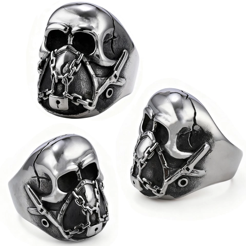 Skull Ring Stainless Steel Chain Lock Decor Punk Gothic Rock Jewelry For Men Vintage Retro Industrial Biker Style