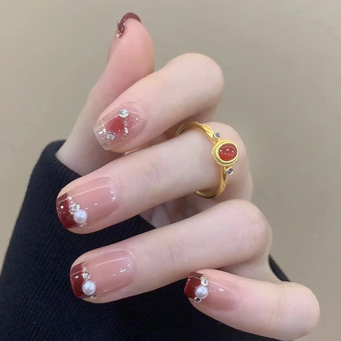 French Blush Gradient Press On Nails With Artificial Pearl And Rhinestone Silver Glitter Short Square Elegant False Nails For Women