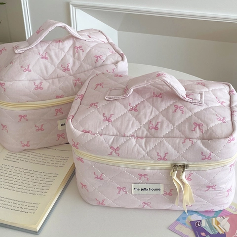 Pink Quilted Cotton Cosmetic Bag Sweet Bow Pattern Travel Toiletry Organizer Handheld Makeup Pouch Storage