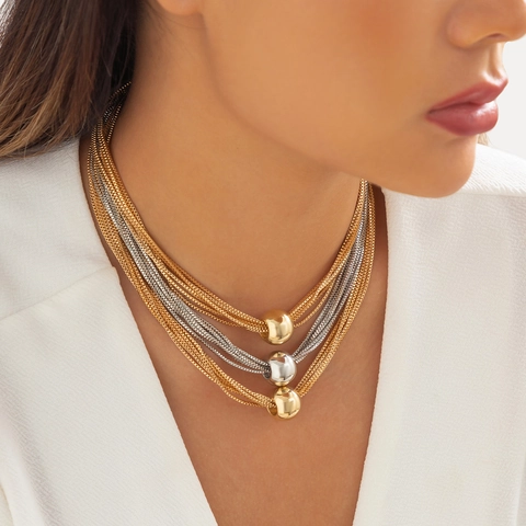Collier Multi Rangs Choker Avec Grand Pendentif Boule Chaîne En Fer Résine Bijoux Punk Pour Femmes