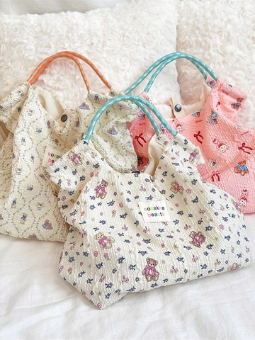 Women Cartoon Bear Rabbit Print Polyester Seersucker Tote Handbag Large Capacity Woven Rope Handle Canvas Shoulder Bag