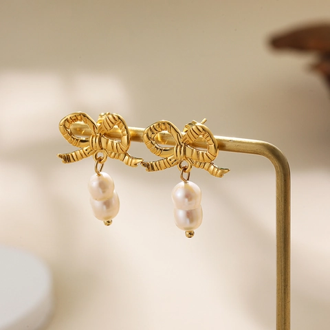 Elegant 18K Gold Plated Copper Bow Knot Artificial Pearl Drop Earrings Fashion Jewelry For Women Wedding Party Gift