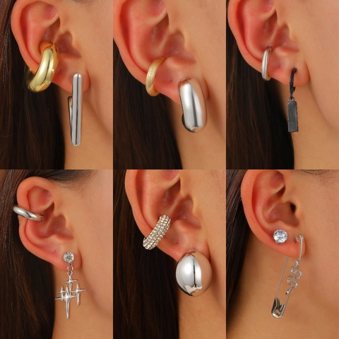 Ensemble de Boucles d'Oreilles en Alliage de Cuivre Style Ins Vintage Punk Géométrique Or Argent Noir Bijoux pour Femmes