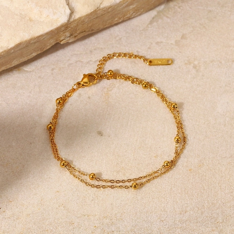 Pulsera De Doble Capa Con Cuentas Chapada En Oro De 18K Acero Inoxidable Impermeable Joyería Minimalista Ajustable Para Mujer