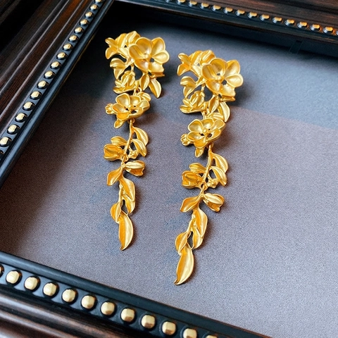 Orecchini Lunghi Con Nappine A Fiore Foglia In Rame Con Perno In Argento 925 Gioielli Di Lusso Color Oro Per Donna