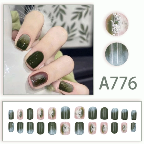 Dark Green Gradient Marble Press On Nails Silver Glitter Short Square Round Reusable Artificial Fake Nails