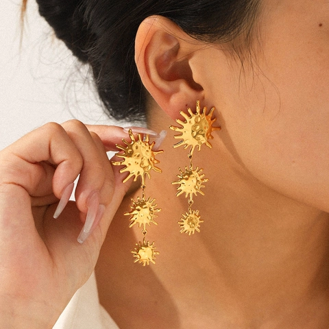 Sun Pendant Earrings 18K Gold Plated Stainless Steel Hammered Texture Triple Graduated Drop Long Dangle Luxury Jewelry Women