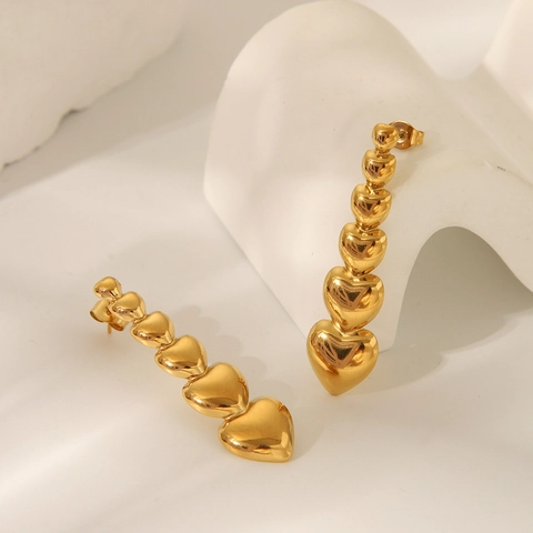 304 Stainless Steel Graduated Heart Dangle Earrings Gold PVD Plated Waterproof Hypoallergenic Stacked Heart Drop Earrings For Women