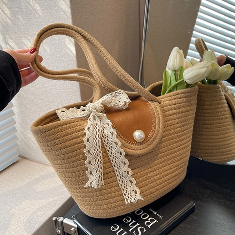 Woven Straw Shoulder Bag Women Cotton Rope Handbag Artificial Pearl Button Leather Flap Lace Ribbon Vacation Beach Bucket Tote