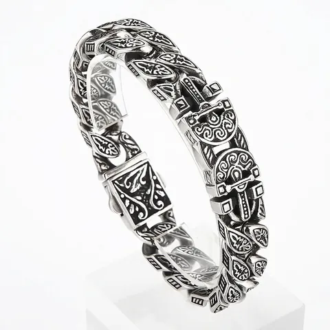 Bracciale Uomo Acciaio Inossidabile Vintage Punk Inciso Motivo Catena Pesante Stile Vichingo Gioielli Retro Regalo