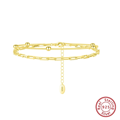 Doppelreihiges Armband 925 Sterling Silber Geometrische Büroklammerglieder Perlen Verstellbar Minimalistisch Für Damen