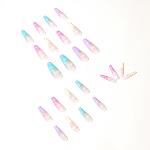 French Gradient Press On Nails Long Coffin Shape Macaron Cloud Pattern Artificial Fingernails Manicure Tool For Women