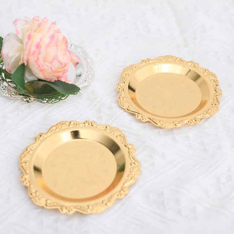 European Vintage Metal Decorative Tray Embossed Alloy Jewelry Storage Plate Photography Prop Gold Silver
