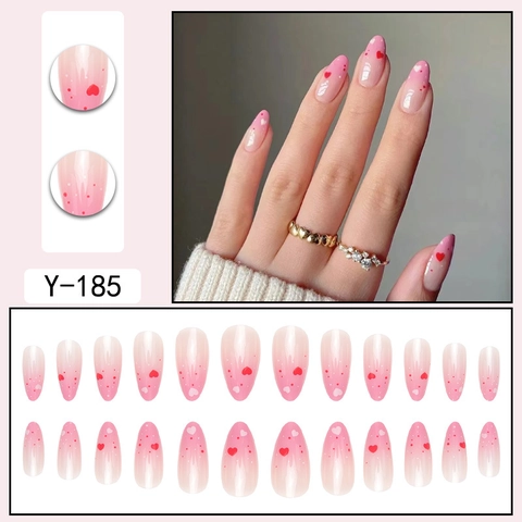 Uñas Postizas A Presión Degradado Rosa Corazón Rojo Forma Almendra Uñas Falsas Ovaladas Largas Moda Dulce Para Mujeres