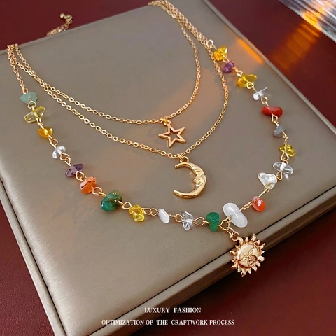 Collier Multi Rangs Or Alliage Pendentifs Soleil Lune Étoile Pierres Colorées Bijoux Bohème Pour Femmes