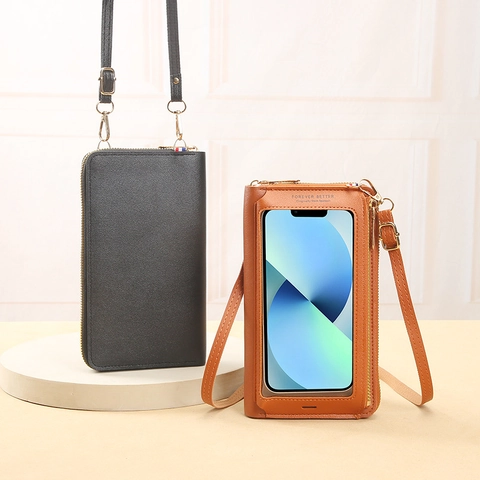 Damen Touchscreen Handytasche PU Leder Umhängetasche Geldbörse Und Rundem Beutel Transparentes Fenster Täglich H020