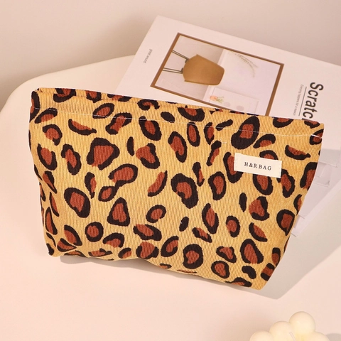 Borsa Per Trucco In Velluto A Coste Con Stampa Leopardata Grande Capacità Custodia Per Cosmetici Da Viaggio Con Cerniera Pochette Retro Per Donne