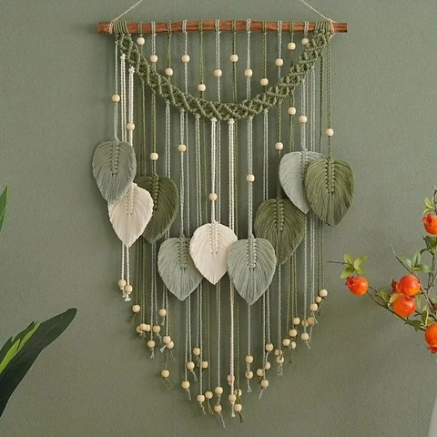 Handmade Woven Macrame Wall Hanging Tapestry Cotton Rope Wooden Beads Wood Stick Leaf Shape Bohemian Style Home Decor