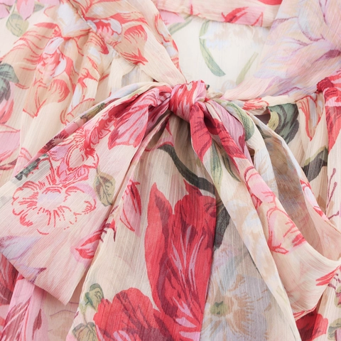 Elegant Floral Chiffon Maxi Dress With Bow Tie Square Neck Long Sleeve High Waist A-Line Belted Long Skirt Pink Women
