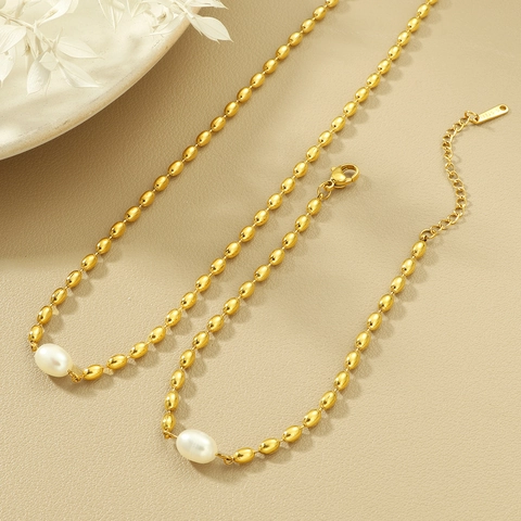 Ensemble Collier Bracelet Perles d'Eau Douce Style Ins Français Minimaliste Acier Titane Or Chaîne de Perles Ovales Bijoux Femme