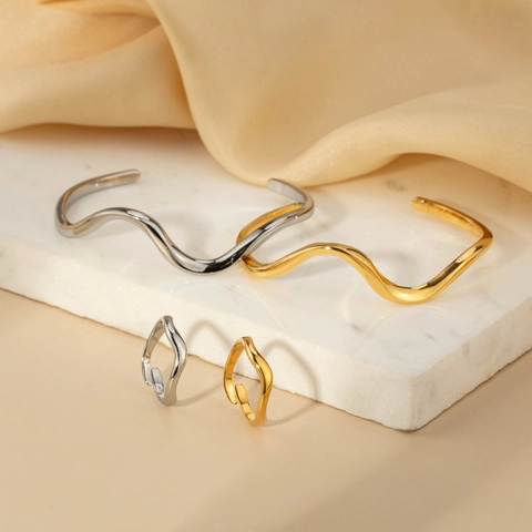Minimalist Stainless Steel Wavy Ring And Bangle For Women Adjustable Open Mirror Polished INS Style Jewelry