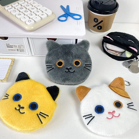 Cat Coin Purse Plush Mini Earphone Storage Pouch Keychain Pendant Cartoon Embroidered Small Zipper Wallet For Kids