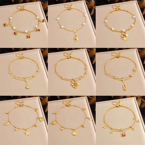 Stainless Steel Double Layer Anklet Zircon Artificial Pearl Cherry Starfish Shell Charm Adjustable Summer Beach Jewelry Women
